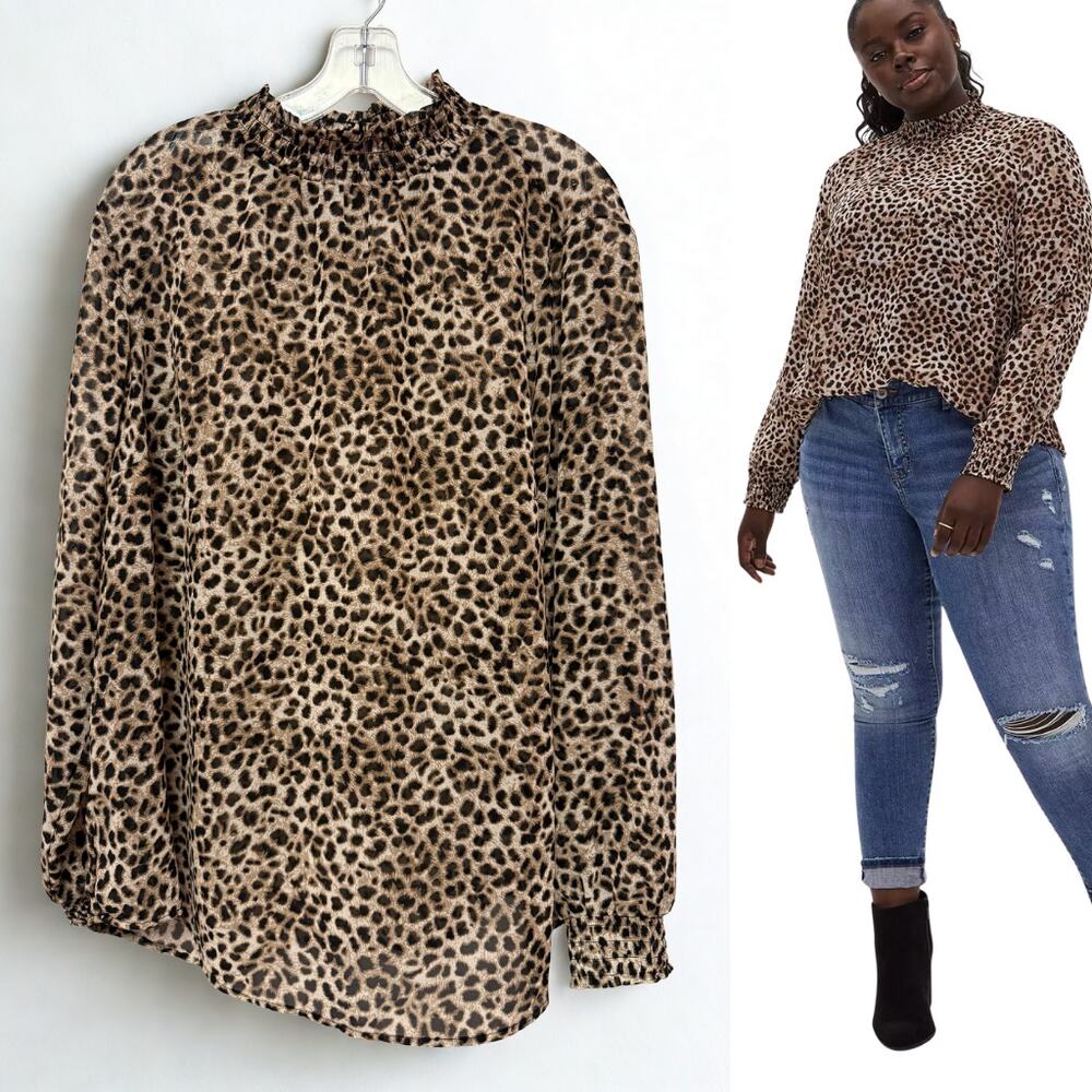 Torrid chiffon smocked mock‑neck leopard blouse‎ — 1X — brown/tan